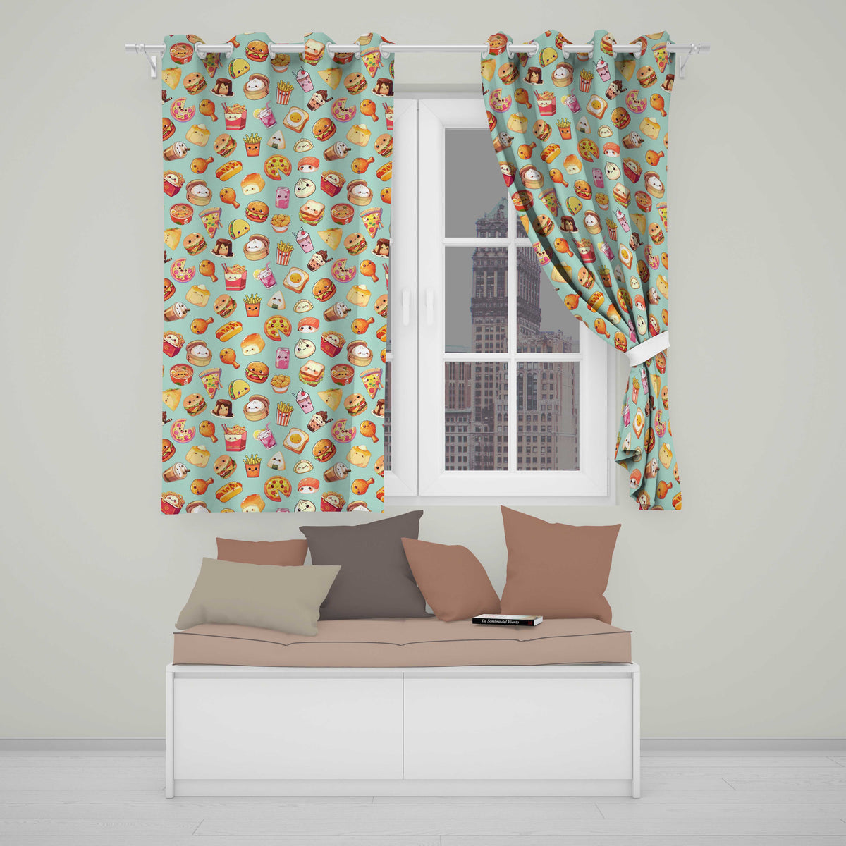 Kawaii Fast Food Burger Sushi Taco Pizza Teal Seamless Pattern Readymade Eyelet Ring Top Thermal 100% Blackout Curtains