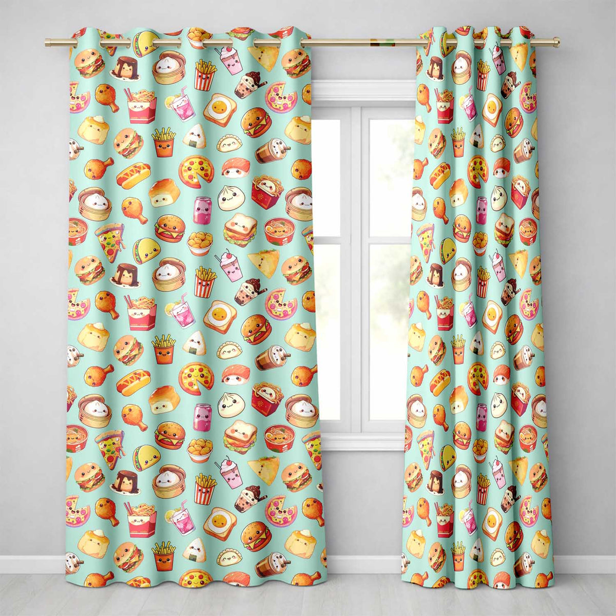 Kawaii Fast Food Burger Sushi Taco Pizza Teal Seamless Pattern Readymade Eyelet Ring Top Thermal 100% Blackout Curtains