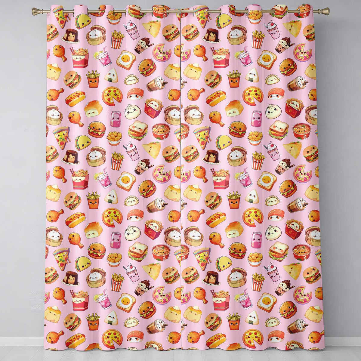Kawaii Fast Food Burger Sushi Taco Pizza Soft Pink Seamless Pattern Readymade Eyelet Ring Top Thermal 100% Blackout Curtains