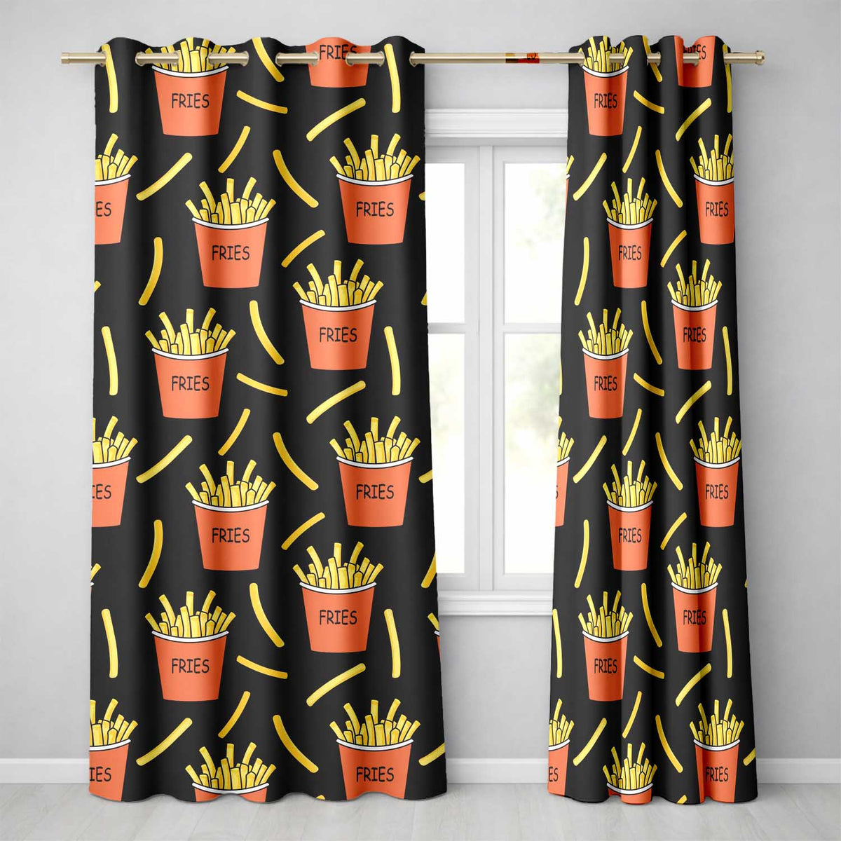 Cute French Fries Cartoon Snack Food Black Background Seamless Pattern Readymade Eyelet Ring Top Thermal 100% Blackout Curtains