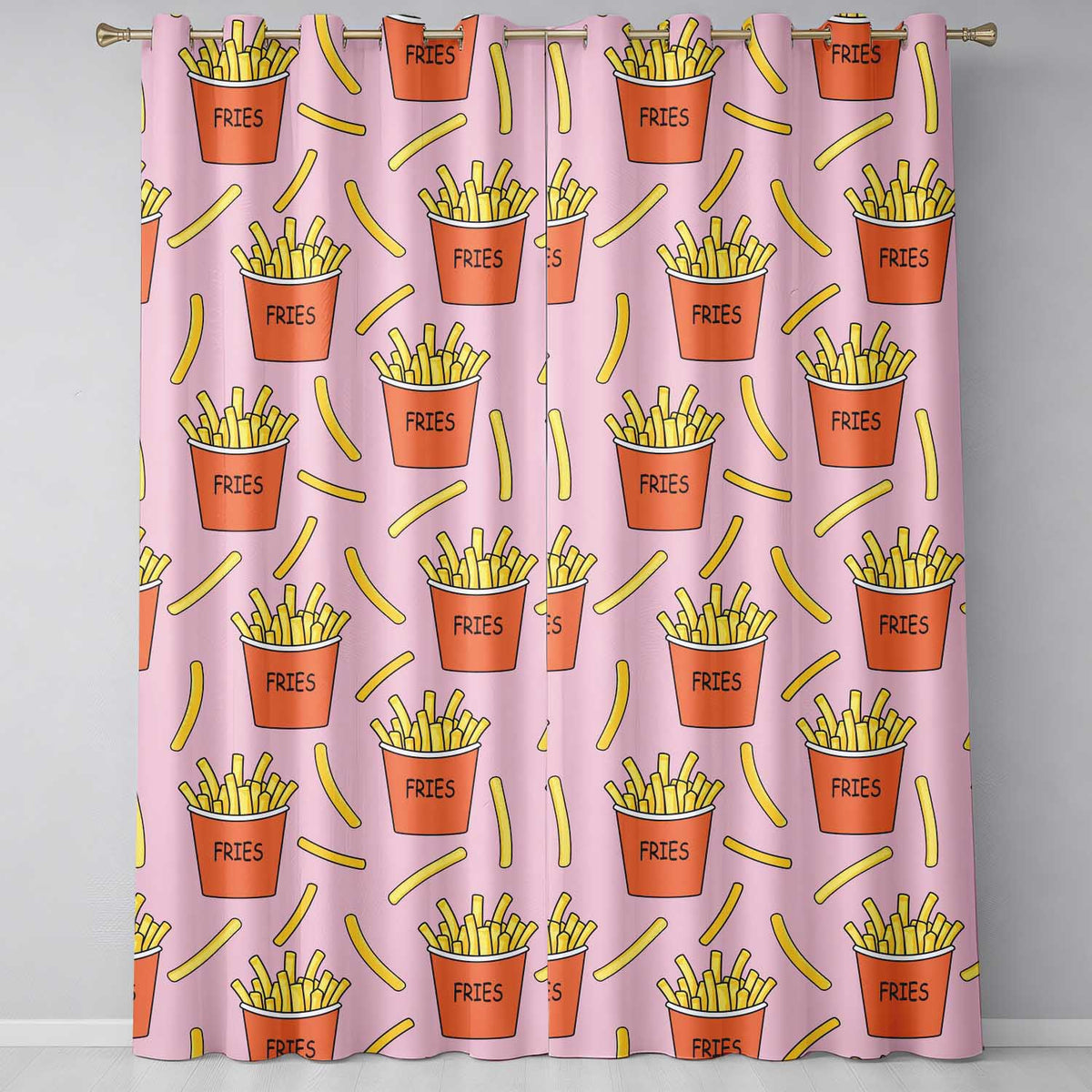 Cute French Fries Cartoon Snack Food Soft Pink Background Seamless Pattern Readymade Eyelet Ring Top Thermal 100% Blackout Curtains