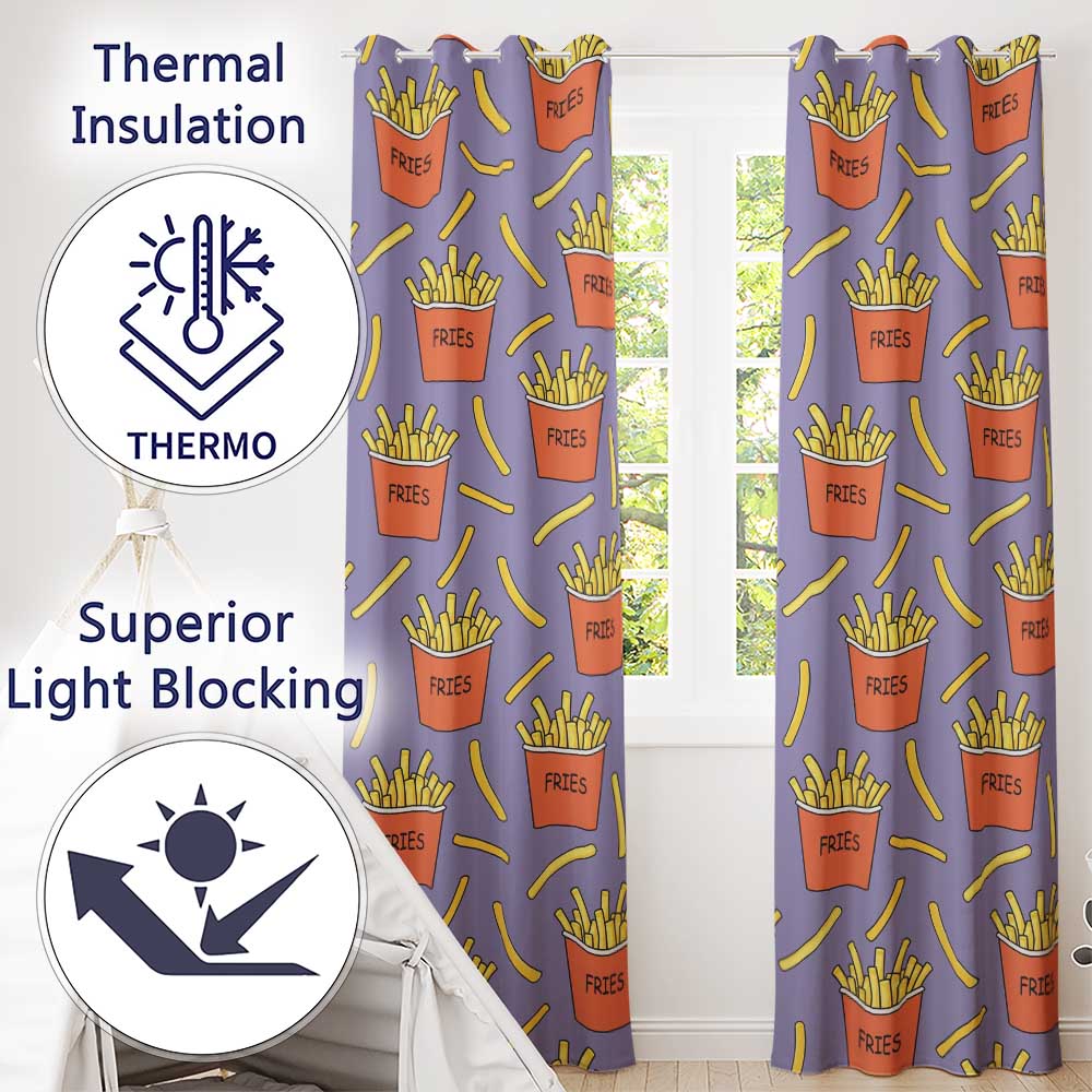 Cute French Fries Cartoon Snack Food Purple Background Seamless Pattern Readymade Eyelet Ring Top Thermal 100% Blackout Curtains