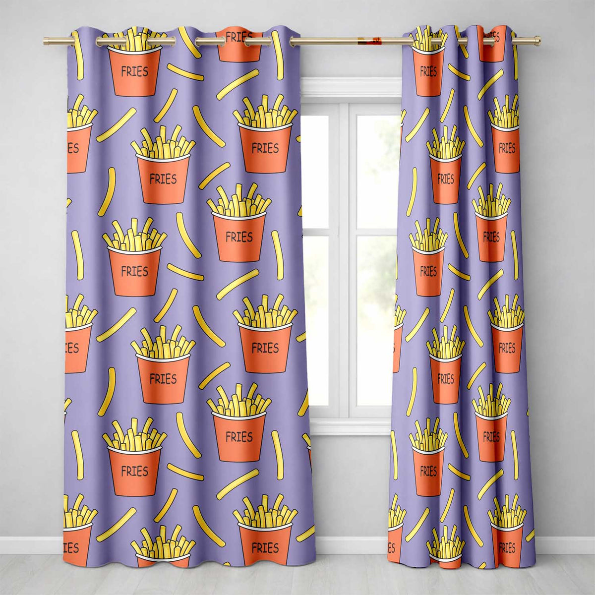 Cute French Fries Cartoon Snack Food Purple Background Seamless Pattern Readymade Eyelet Ring Top Thermal 100% Blackout Curtains