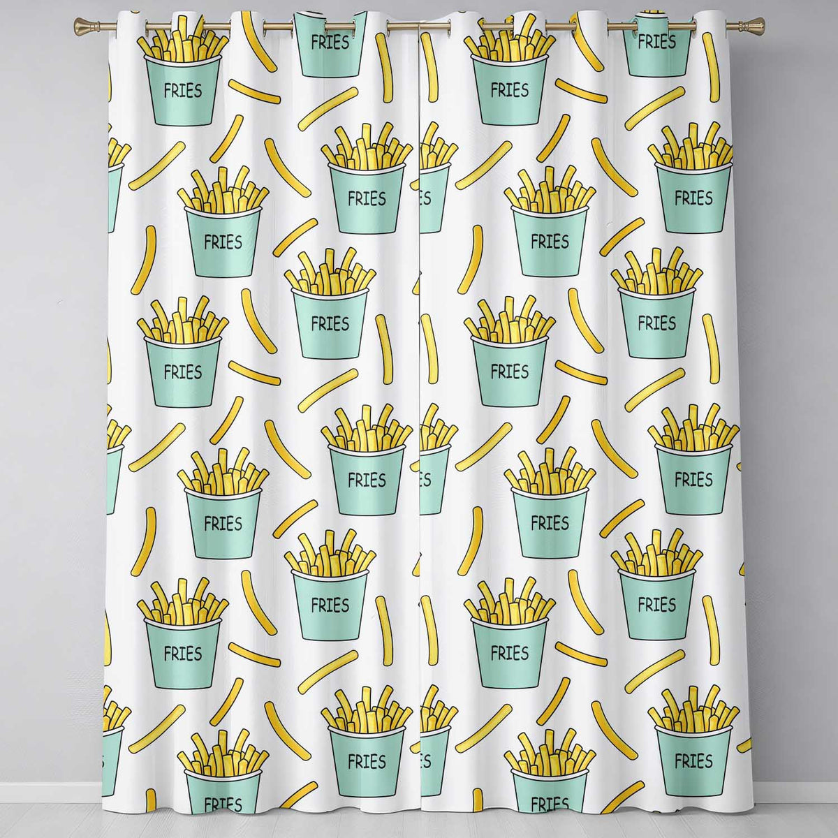 Cute French Fries Cartoon Snack Seamless Pattern Teal Cups Grey Background Readymade Eyelet Ring Top Thermal 100% Blackout Curtains
