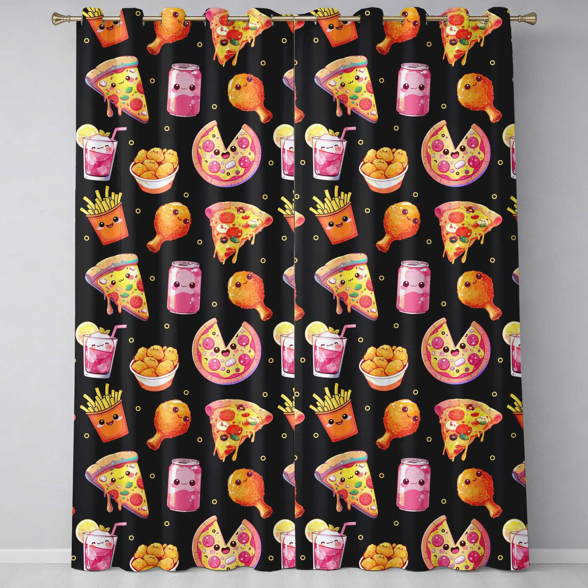 Cute Kawaii Fast Food Pizza Chicken Soda Black Background Seamless Pattern Readymade Eyelet Ring Top Thermal 100% Blackout Curtains