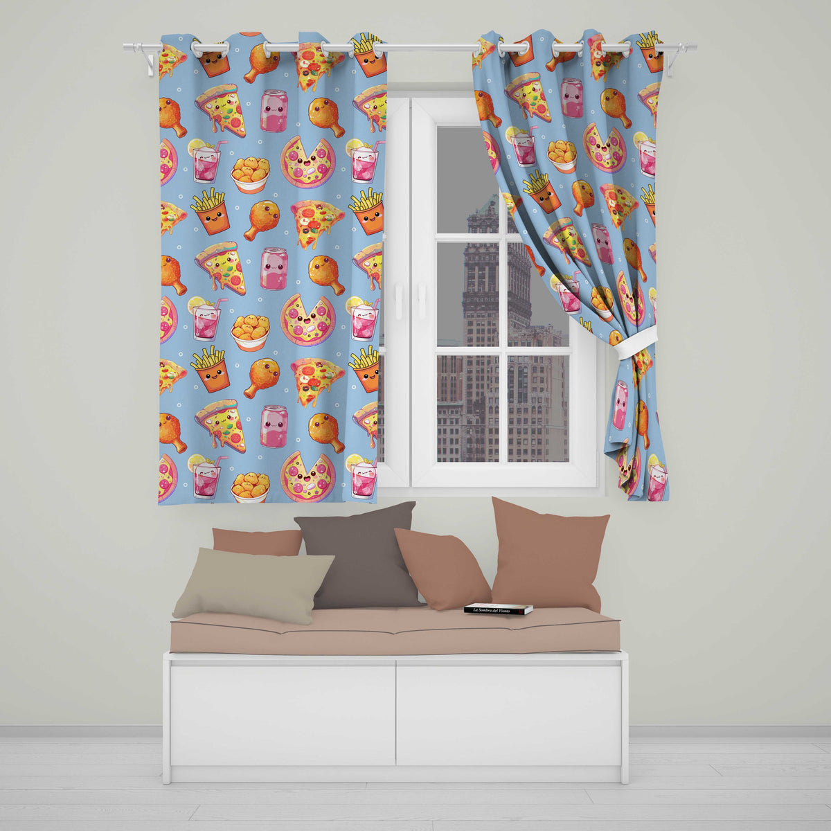 Cute Kawaii Fast Food Pizza Chicken Soda Blue Background Seamless Pattern Readymade Eyelet Ring Top Thermal 100% Blackout Curtains
