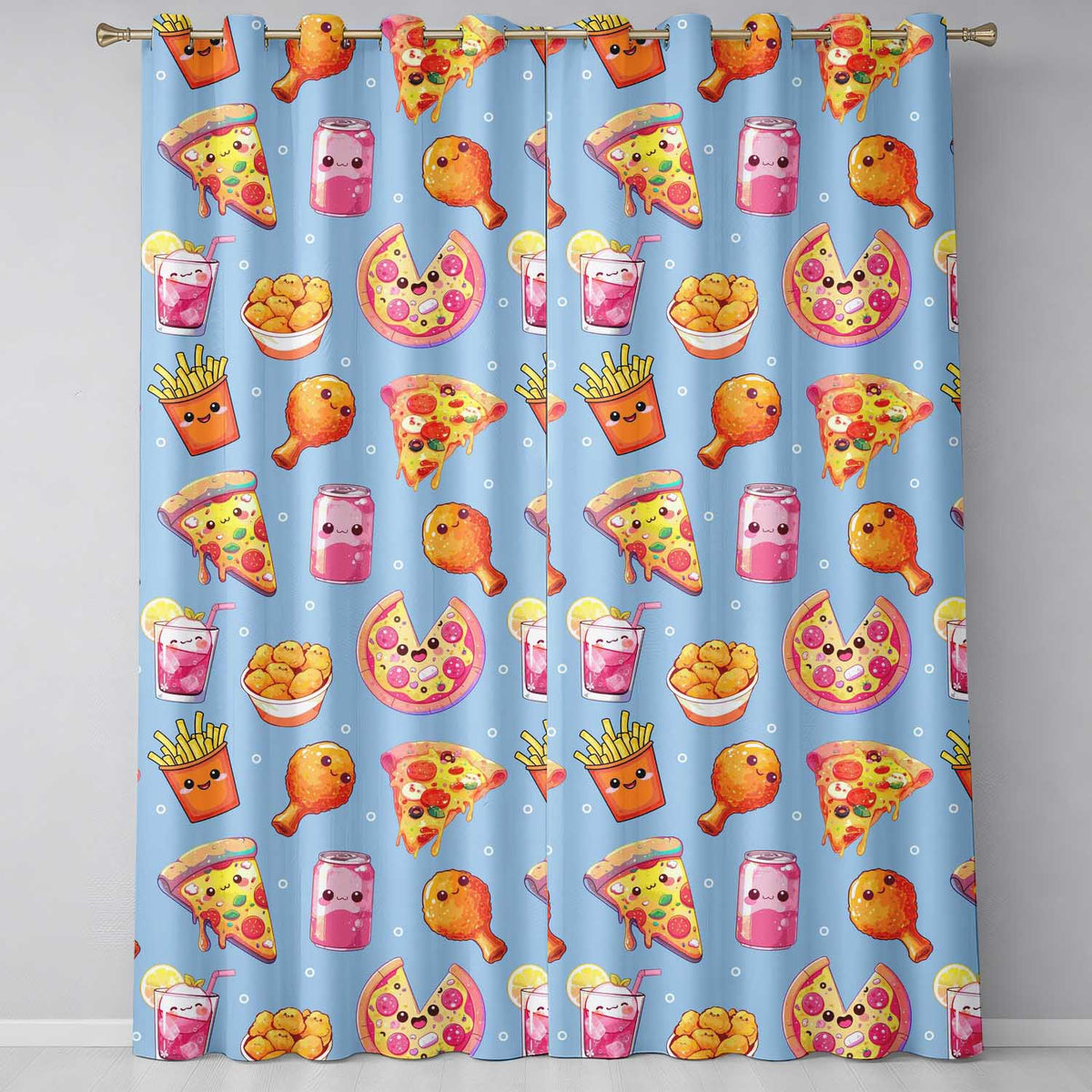 Cute Kawaii Fast Food Pizza Chicken Soda Blue Background Seamless Pattern Readymade Eyelet Ring Top Thermal 100% Blackout Curtains