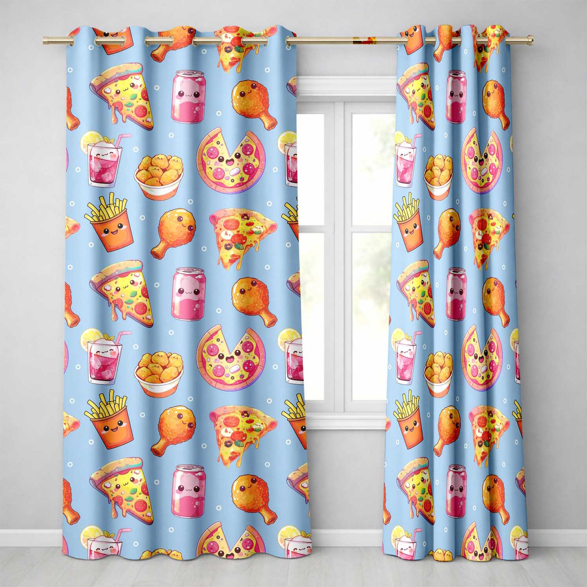 Cute Kawaii Fast Food Pizza Chicken Soda Blue Background Seamless Pattern Readymade Eyelet Ring Top Thermal 100% Blackout Curtains