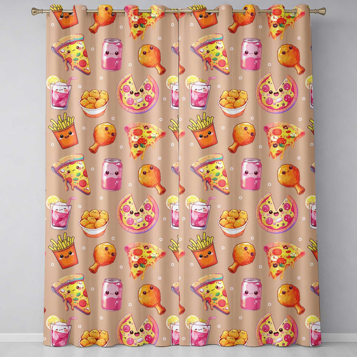 Cute Kawaii Fast Food Pizza Chicken Soda Peach Background Seamless Pattern Readymade Eyelet Ring Top Thermal 100% Blackout Curtains