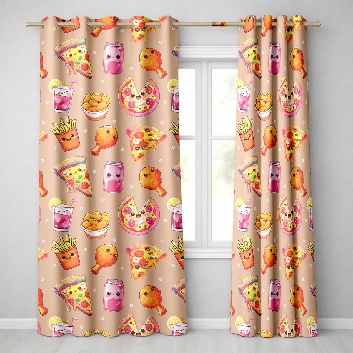 Cute Kawaii Fast Food Pizza Chicken Soda Peach Background Seamless Pattern Readymade Eyelet Ring Top Thermal 100% Blackout Curtains