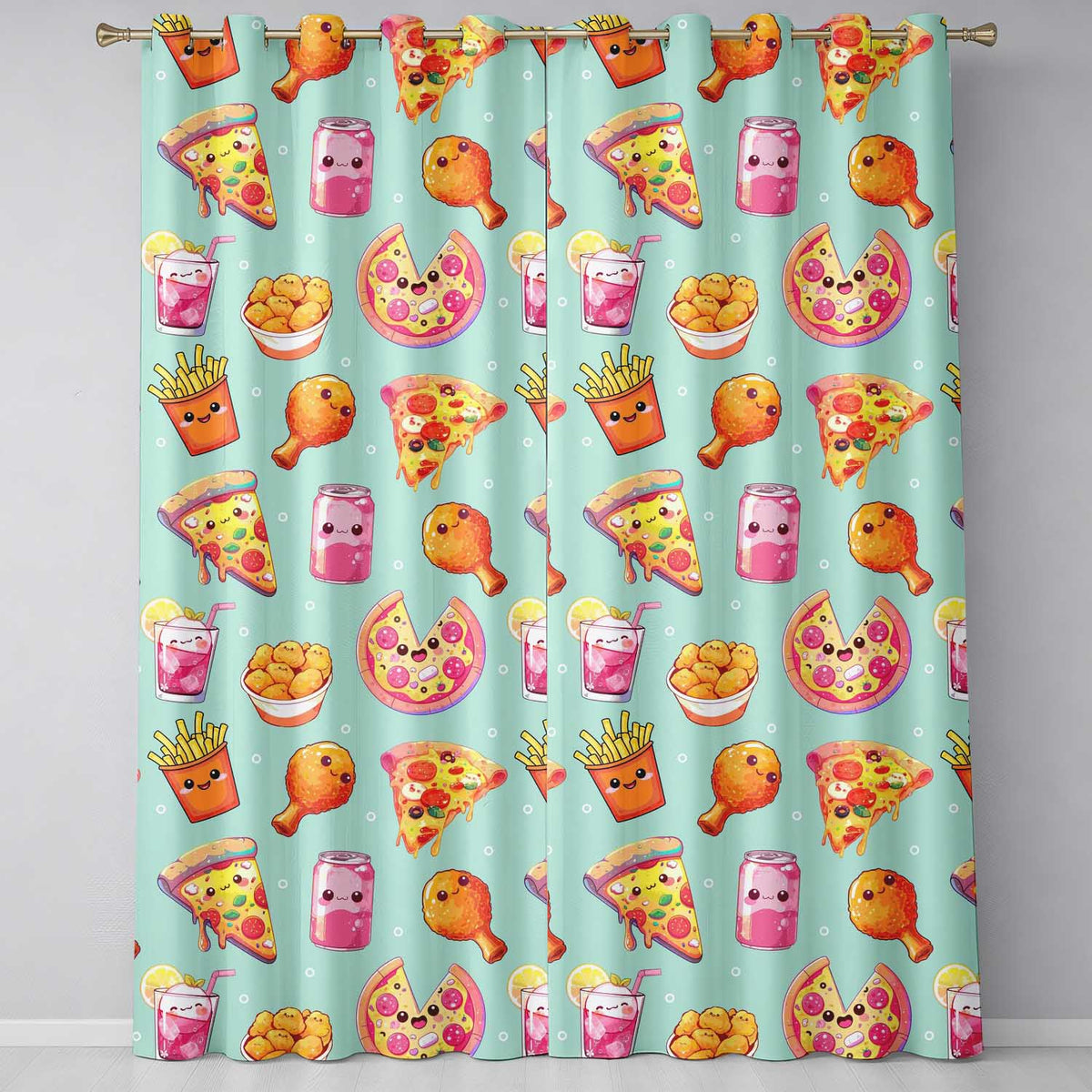 Cute Kawaii Fast Food Pizza Chicken Soda Mint Background Seamless Pattern Readymade Eyelet Ring Top Thermal 100% Blackout Curtains