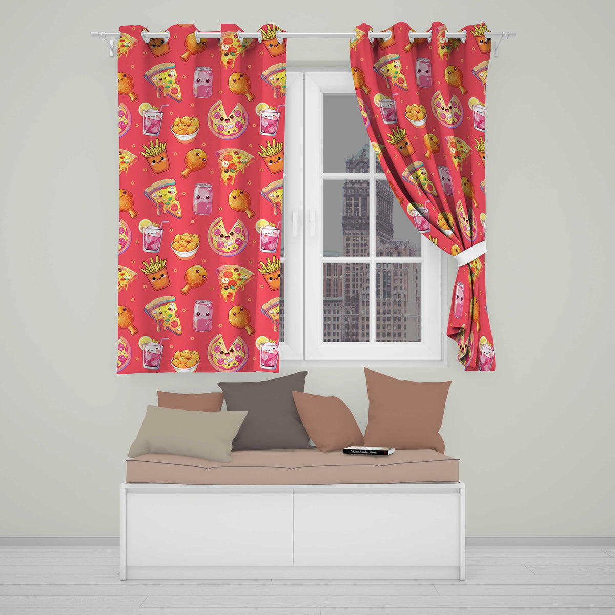 Cute Kawaii Fast Food Pizza Chicken Soda Red Background Seamless Pattern Readymade Eyelet Ring Top Thermal 100% Blackout Curtains