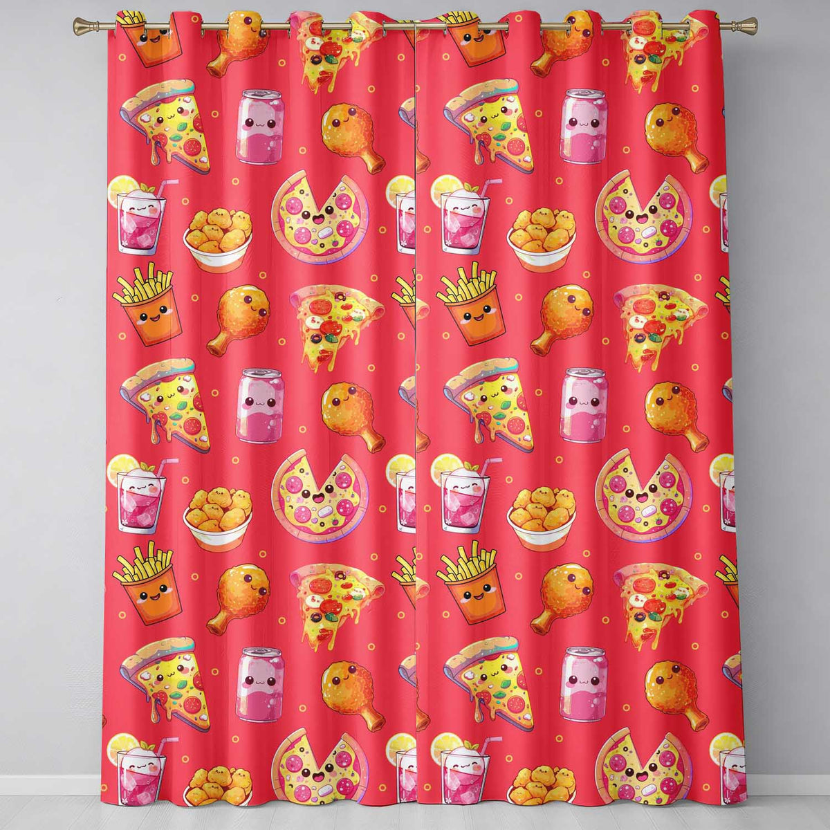 Cute Kawaii Fast Food Pizza Chicken Soda Red Background Seamless Pattern Readymade Eyelet Ring Top Thermal 100% Blackout Curtains