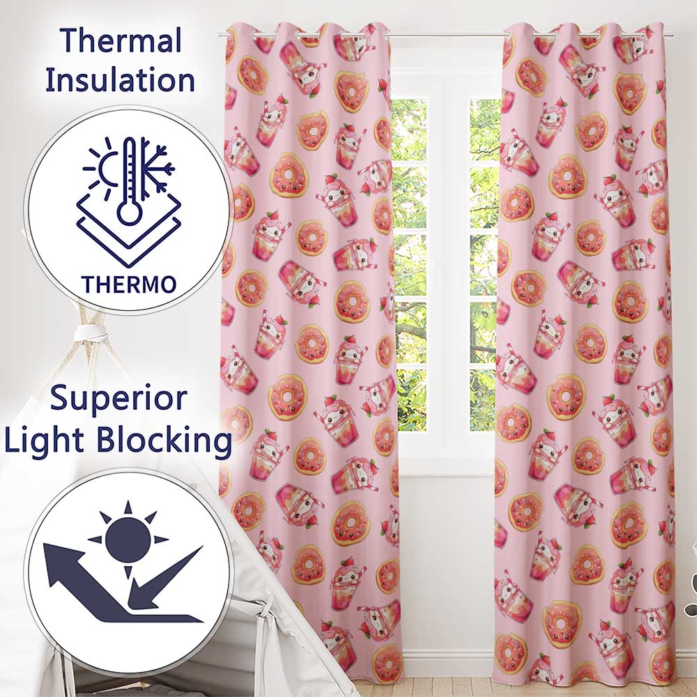 Cute Kawaii Donuts and Strawberry Milkshake Blush Pink Background Seamless Pattern Readymade Eyelet Ring Top Thermal 100% Blackout Curtains