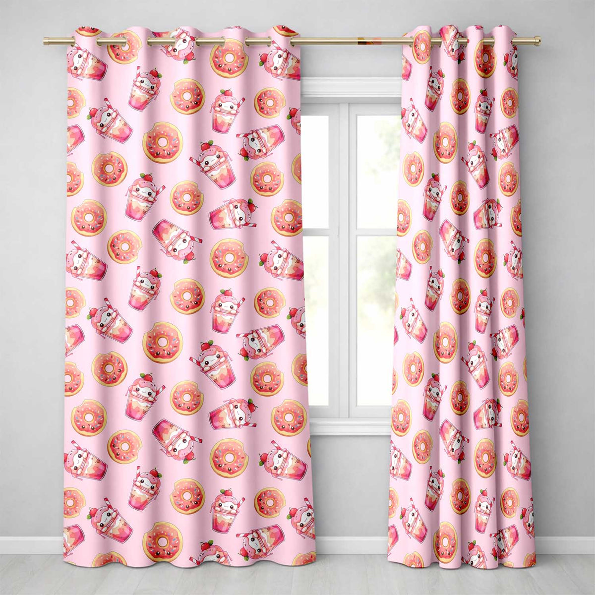 Cute Kawaii Donuts and Strawberry Milkshake Blush Pink Background Seamless Pattern Readymade Eyelet Ring Top Thermal 100% Blackout Curtains
