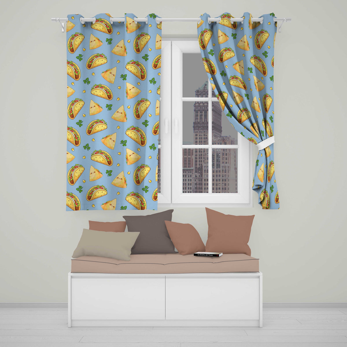 Cute Kawaii Tacos and Wraps Blue Background Seamless Pattern Readymade Eyelet Ring Top Thermal 100% Blackout Curtains