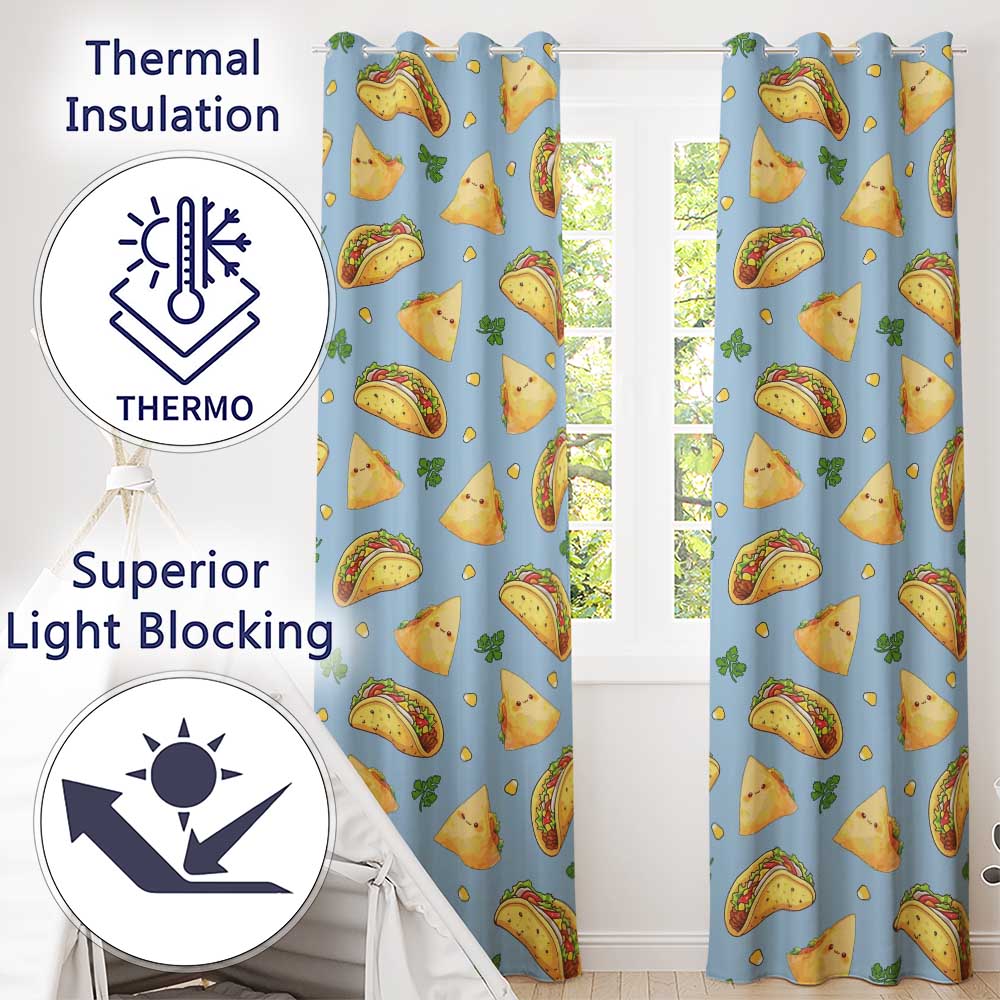 Cute Kawaii Tacos and Wraps Blue Background Seamless Pattern Readymade Eyelet Ring Top Thermal 100% Blackout Curtains