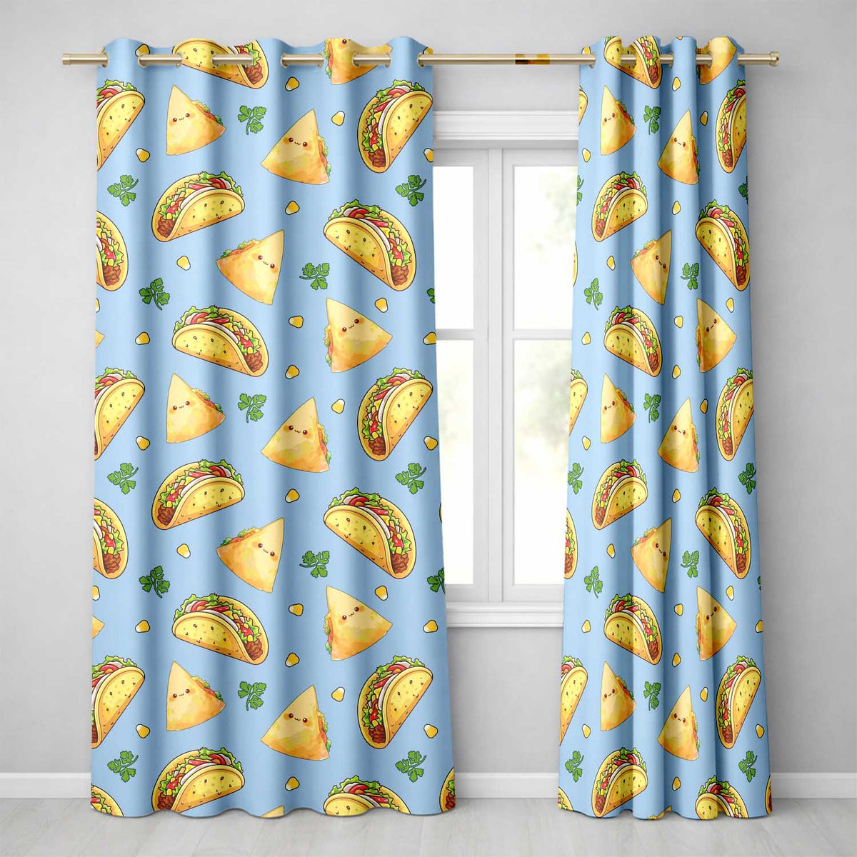Cute Kawaii Tacos and Wraps Blue Background Seamless Pattern Readymade Eyelet Ring Top Thermal 100% Blackout Curtains