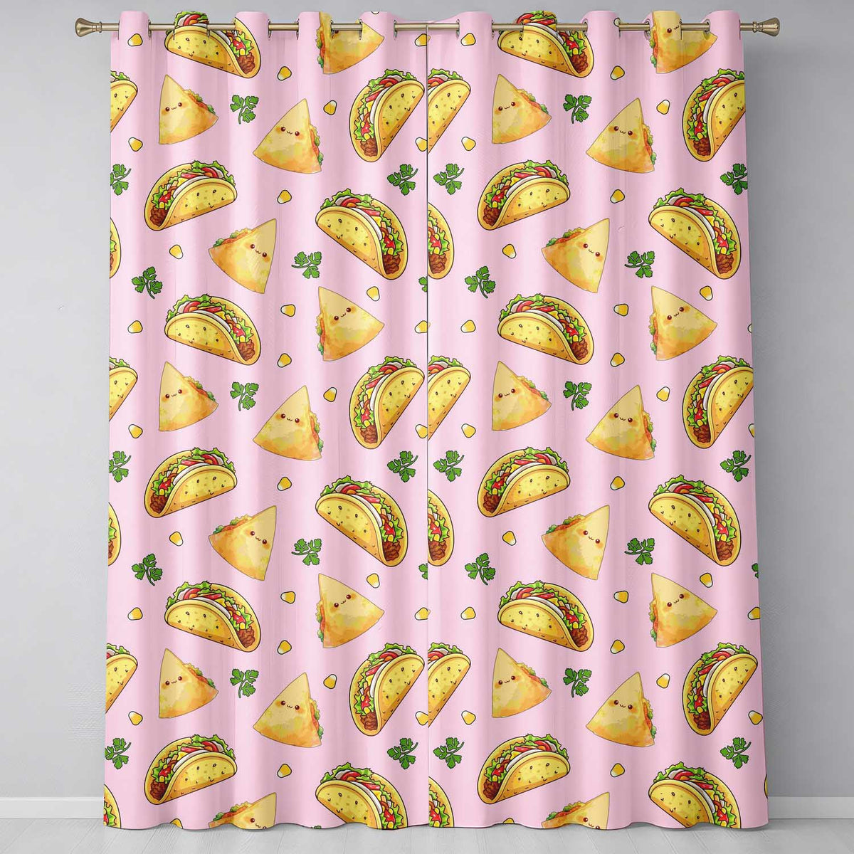 Cute Kawaii Tacos and Wraps Seamless Pattern Soft Pink Background Readymade Eyelet Ring Top Thermal 100% Blackout Curtains