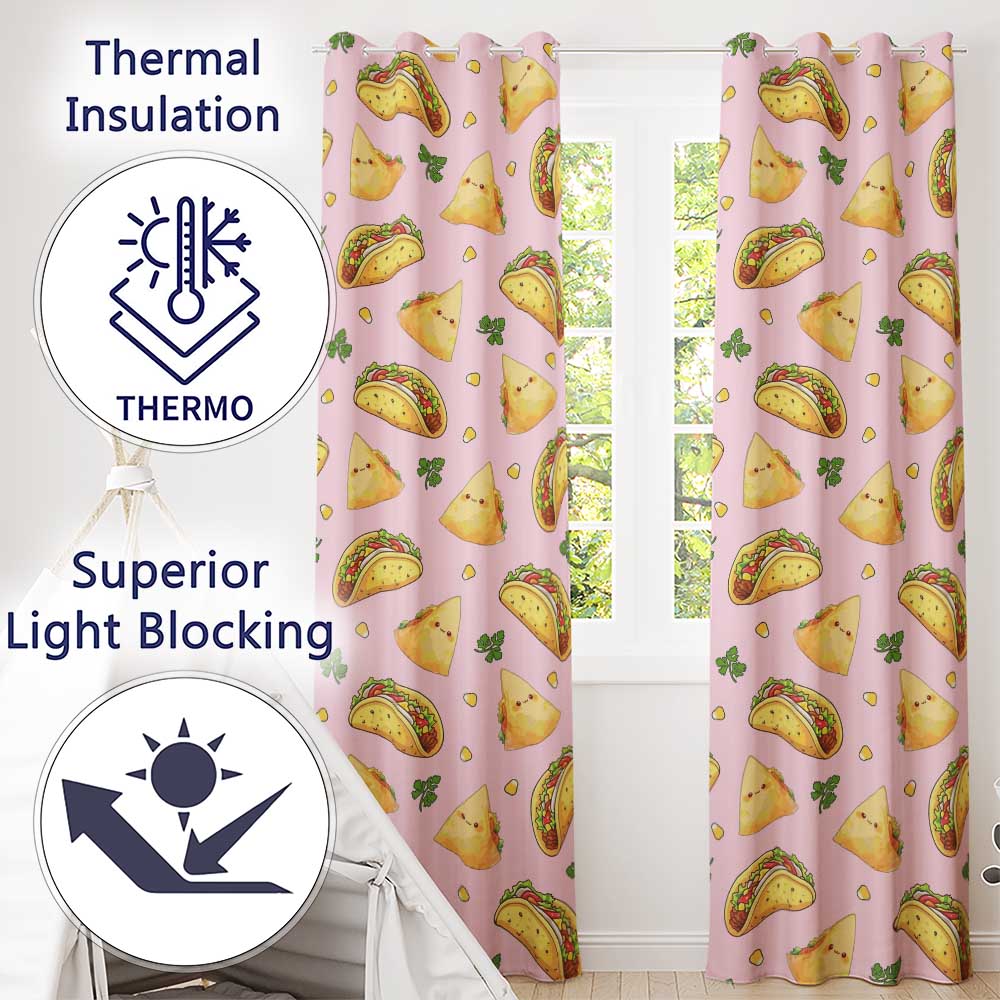 Cute Kawaii Tacos and Wraps Seamless Pattern Soft Pink Background Readymade Eyelet Ring Top Thermal 100% Blackout Curtains