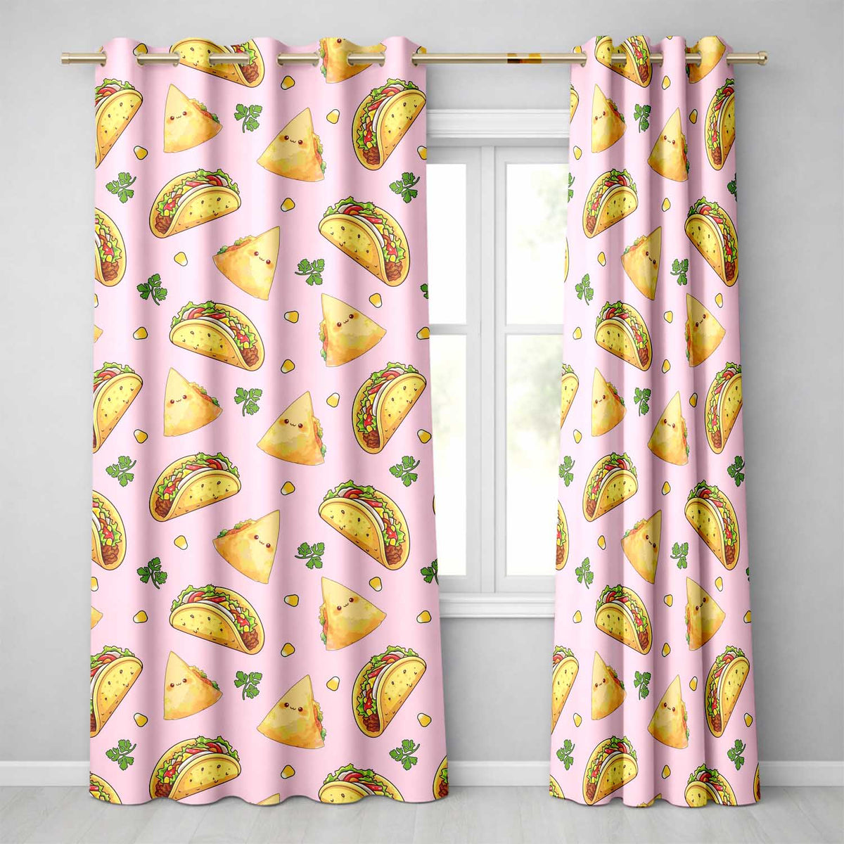 Cute Kawaii Tacos and Wraps Seamless Pattern Soft Pink Background Readymade Eyelet Ring Top Thermal 100% Blackout Curtains