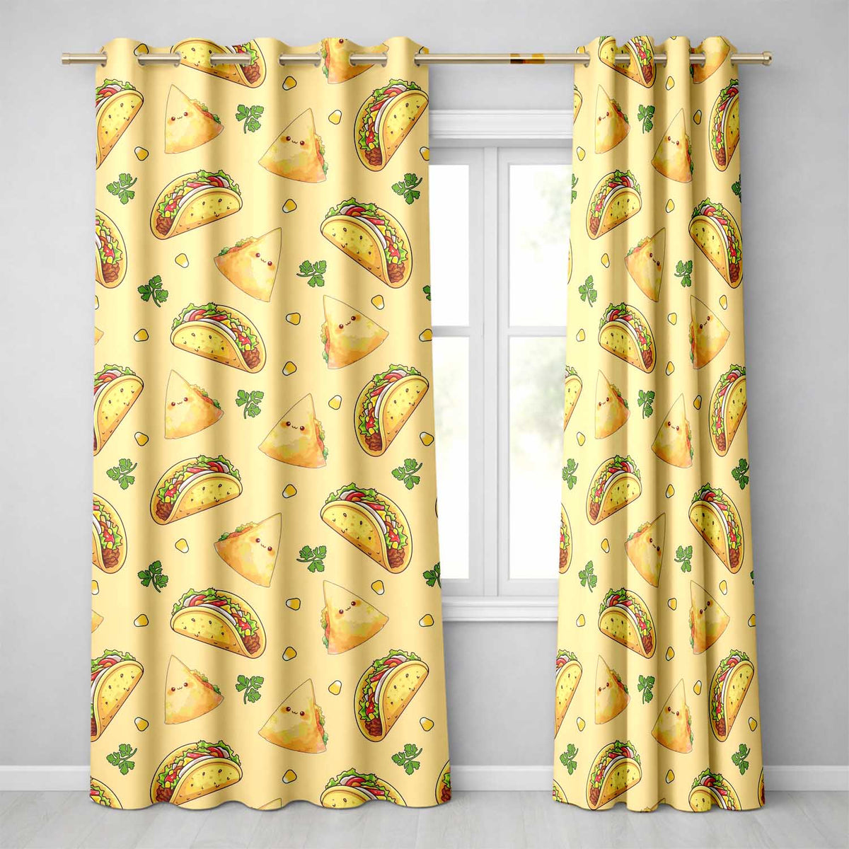 Cute Kawaii Tacos and Wraps Seamless Pattern Yellow Background Readymade Eyelet Ring Top Thermal 100% Blackout Curtains