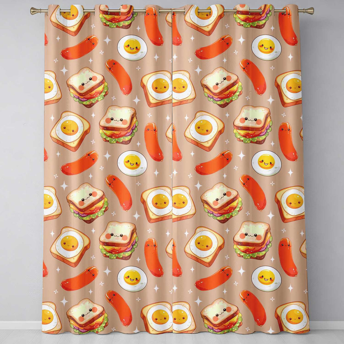 Kawaii Breakfast Eggs Sausage and Sandwich Beige Seamless Pattern Readymade Eyelet Ring Top Thermal 100% Blackout Curtains
