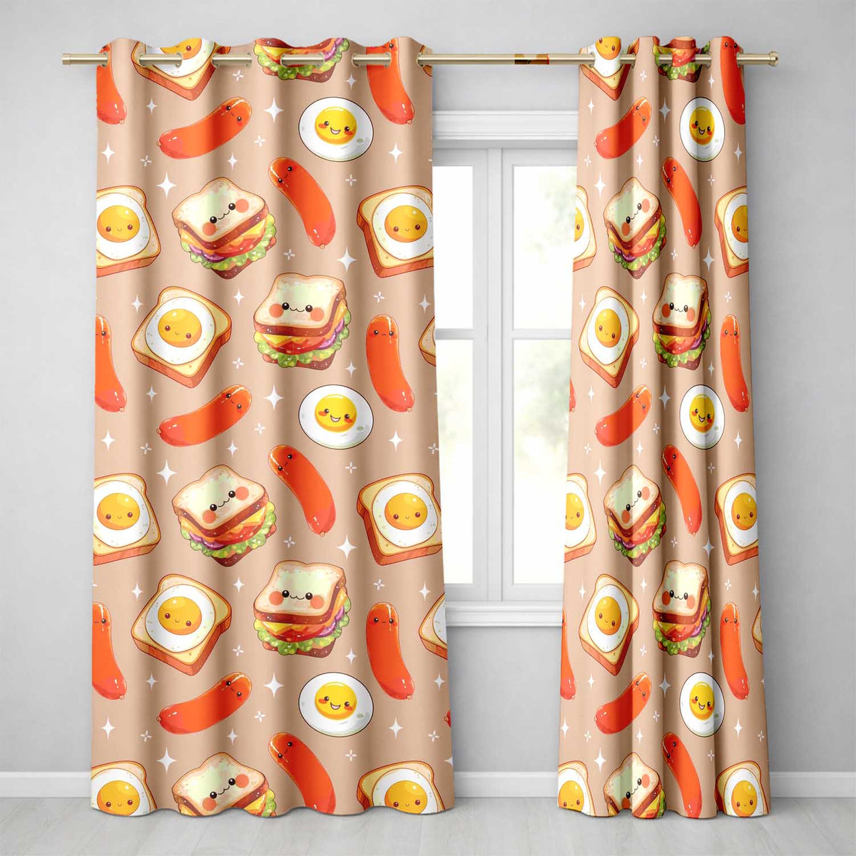 Kawaii Breakfast Eggs Sausage and Sandwich Beige Seamless Pattern Readymade Eyelet Ring Top Thermal 100% Blackout Curtains