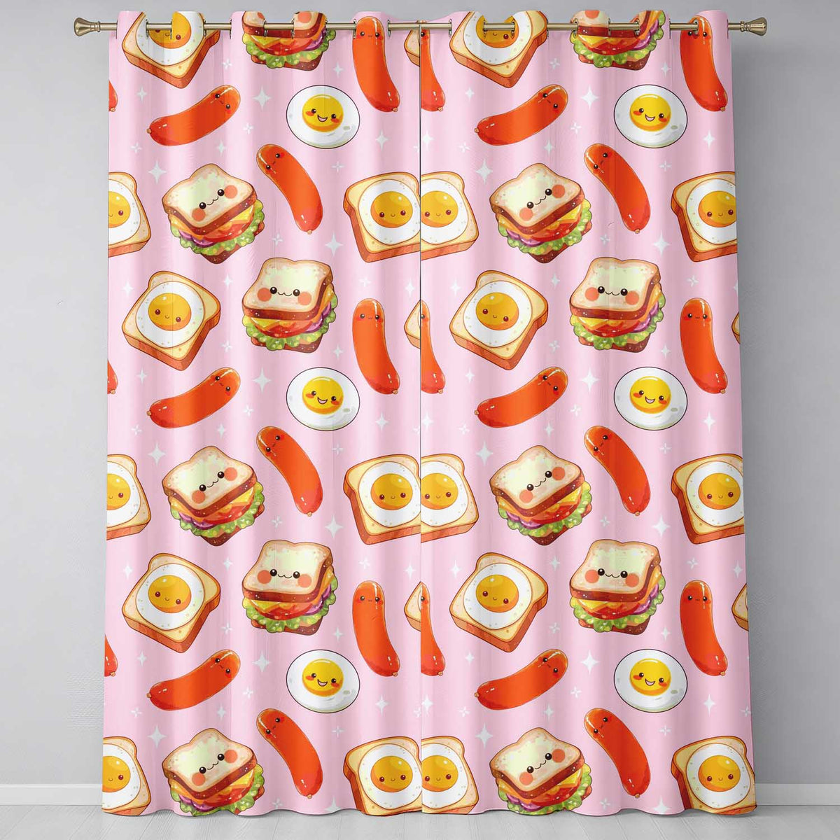 Kawaii Breakfast Eggs Sausage and Sandwich Light Pink Seamless Pattern Readymade Eyelet Ring Top Thermal 100% Blackout Curtains