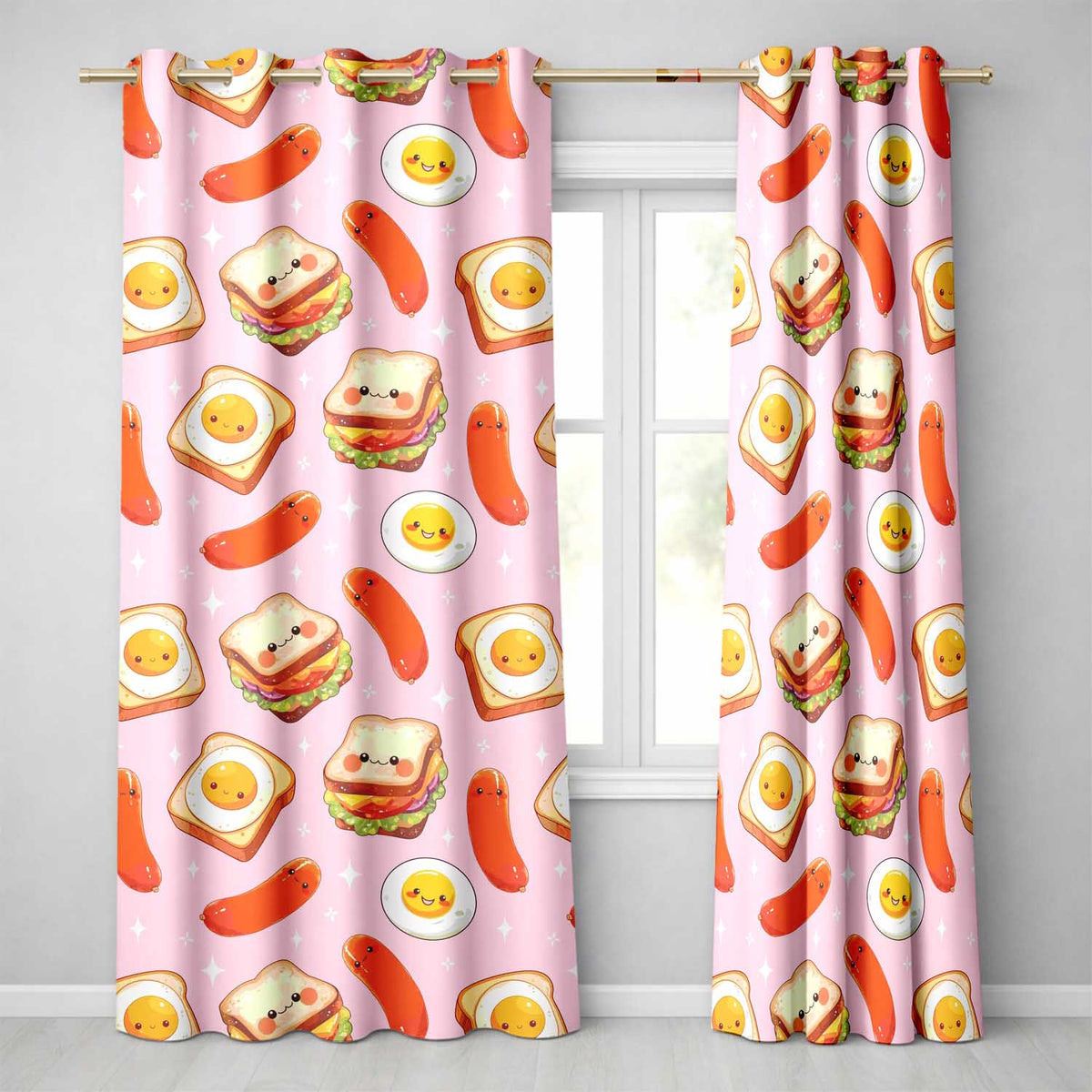 Kawaii Breakfast Eggs Sausage and Sandwich Light Pink Seamless Pattern Readymade Eyelet Ring Top Thermal 100% Blackout Curtains