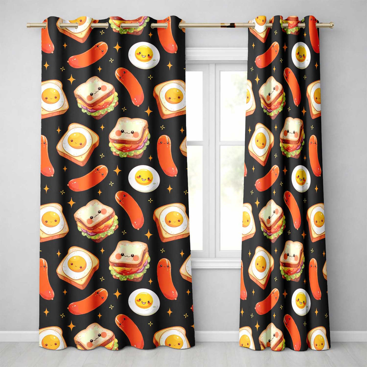 Kawaii Breakfast Eggs Sausage and Sandwich Black Seamless Pattern Readymade Eyelet Ring Top Thermal 100% Blackout Curtains