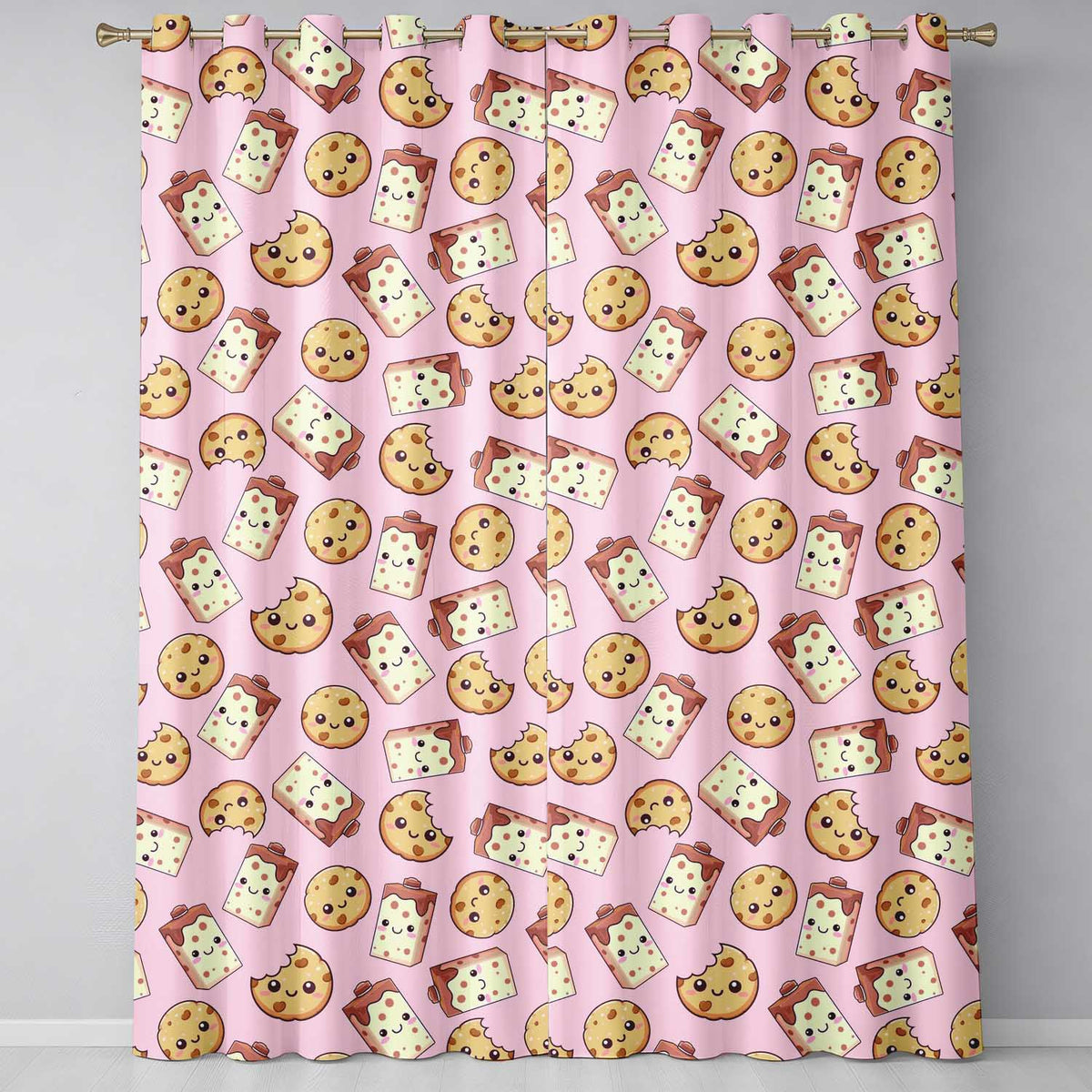 Cute Kawaii Cookies and Chocolate Milk Carton Pink Background Seamless Pattern Readymade Eyelet Ring Top Thermal 100% Blackout Curtains
