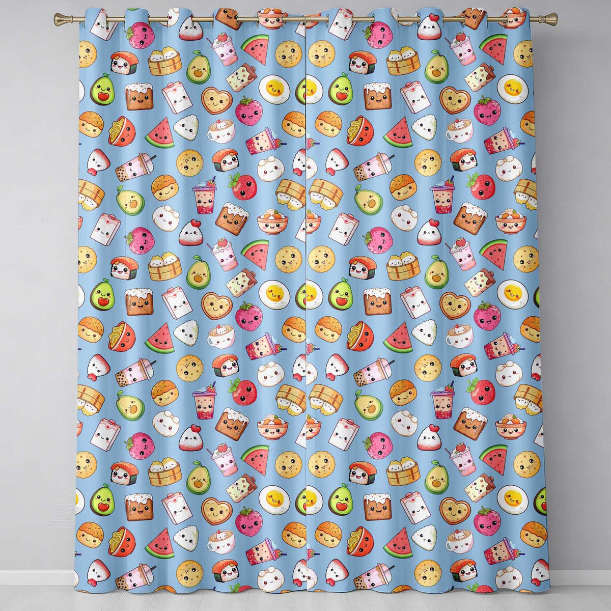 Cute Kawaii Food Characters on Blue Background Seamless Pattern Readymade Eyelet Ring Top Thermal 100% Blackout Curtains