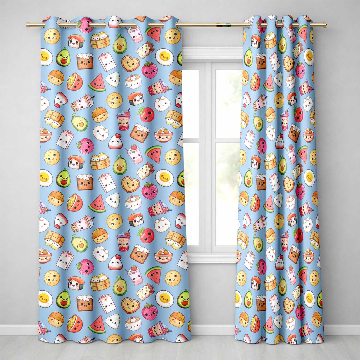Cute Kawaii Food Characters on Blue Background Seamless Pattern Readymade Eyelet Ring Top Thermal 100% Blackout Curtains