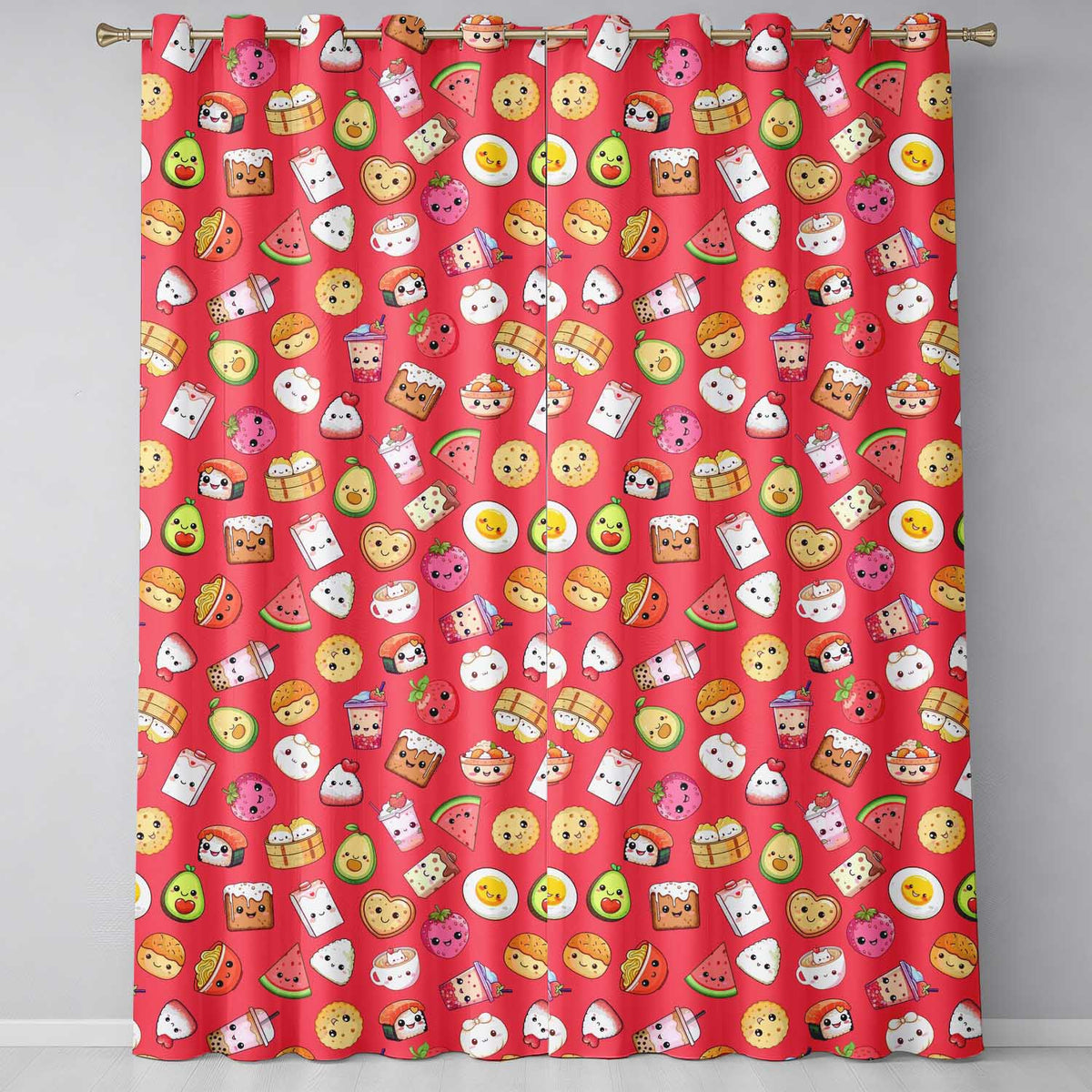 Cute Kawaii Food Characters on Red Background Seamless Pattern Readymade Eyelet Ring Top Thermal 100% Blackout Curtains