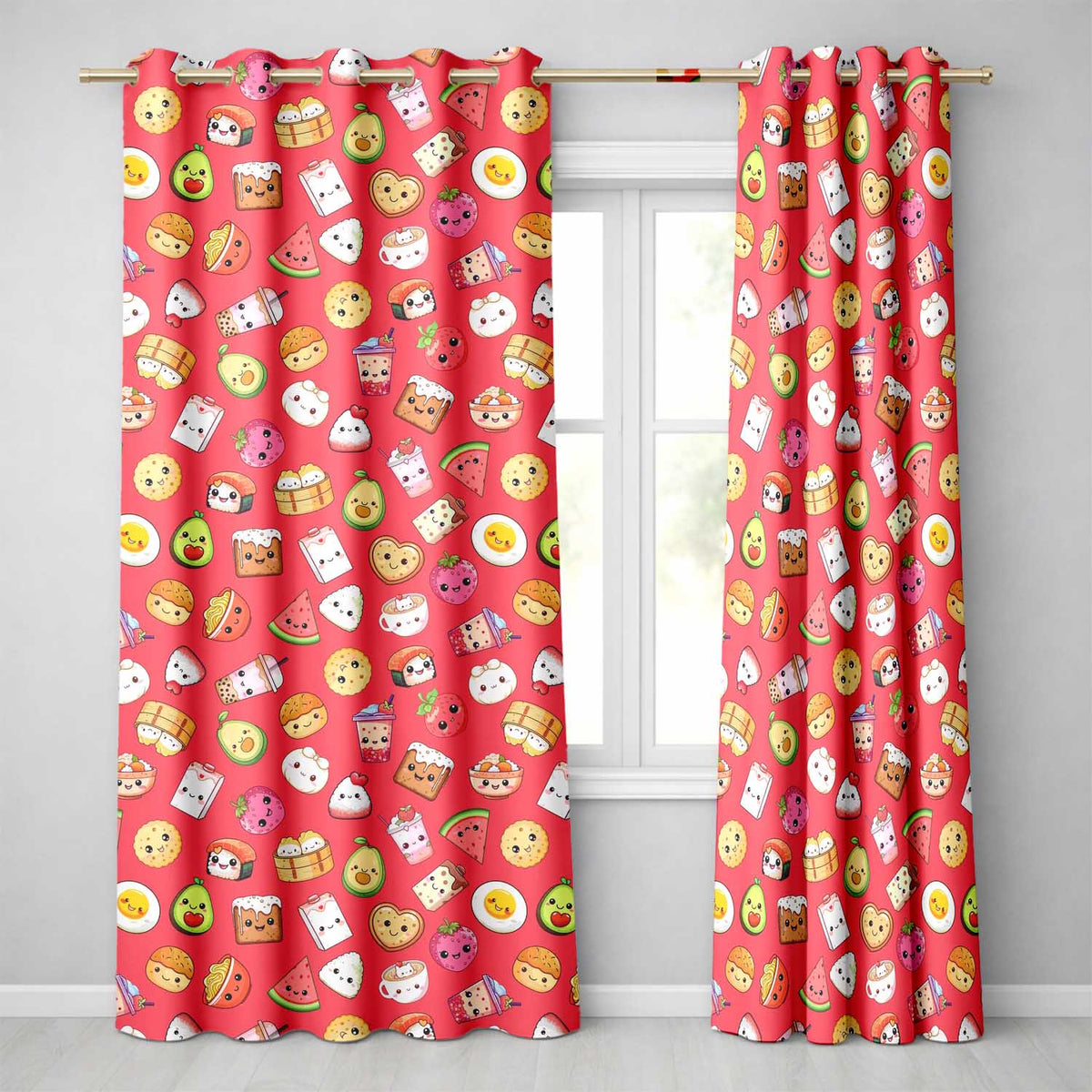 Cute Kawaii Food Characters on Red Background Seamless Pattern Readymade Eyelet Ring Top Thermal 100% Blackout Curtains