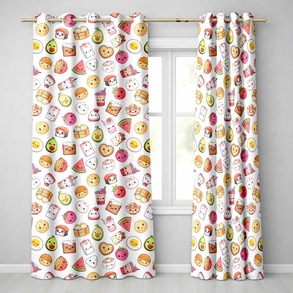 Cute Kawaii Food Characters on Light Grey Background Seamless Pattern Readymade Eyelet Ring Top Thermal 100% Blackout Curtains
