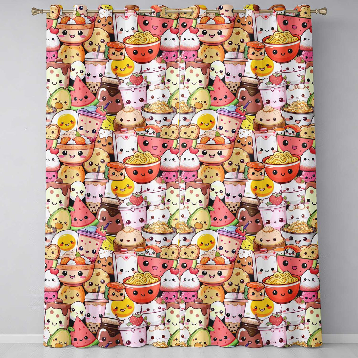 Cute Kawaii Food Collage Characters Seamless Pattern Readymade Eyelet Ring Top Thermal 100% Blackout Curtains