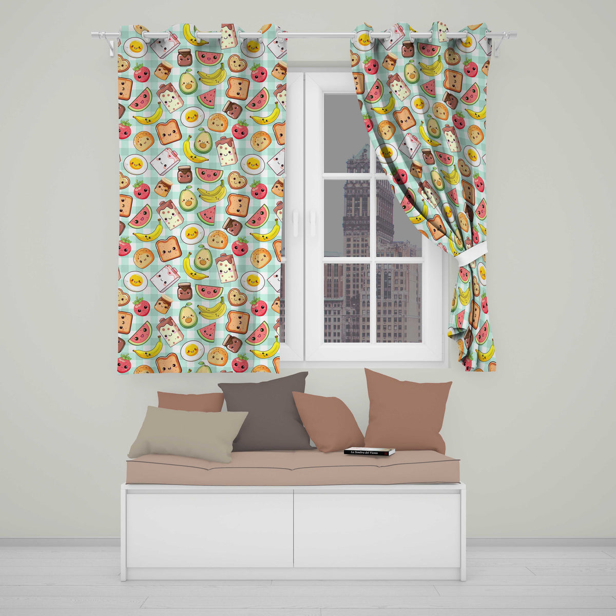 Cute Kawaii Breakfast Food Characters on Mint Check Background Seamless Pattern Readymade Eyelet Ring Top Thermal 100% Blackout Curtains