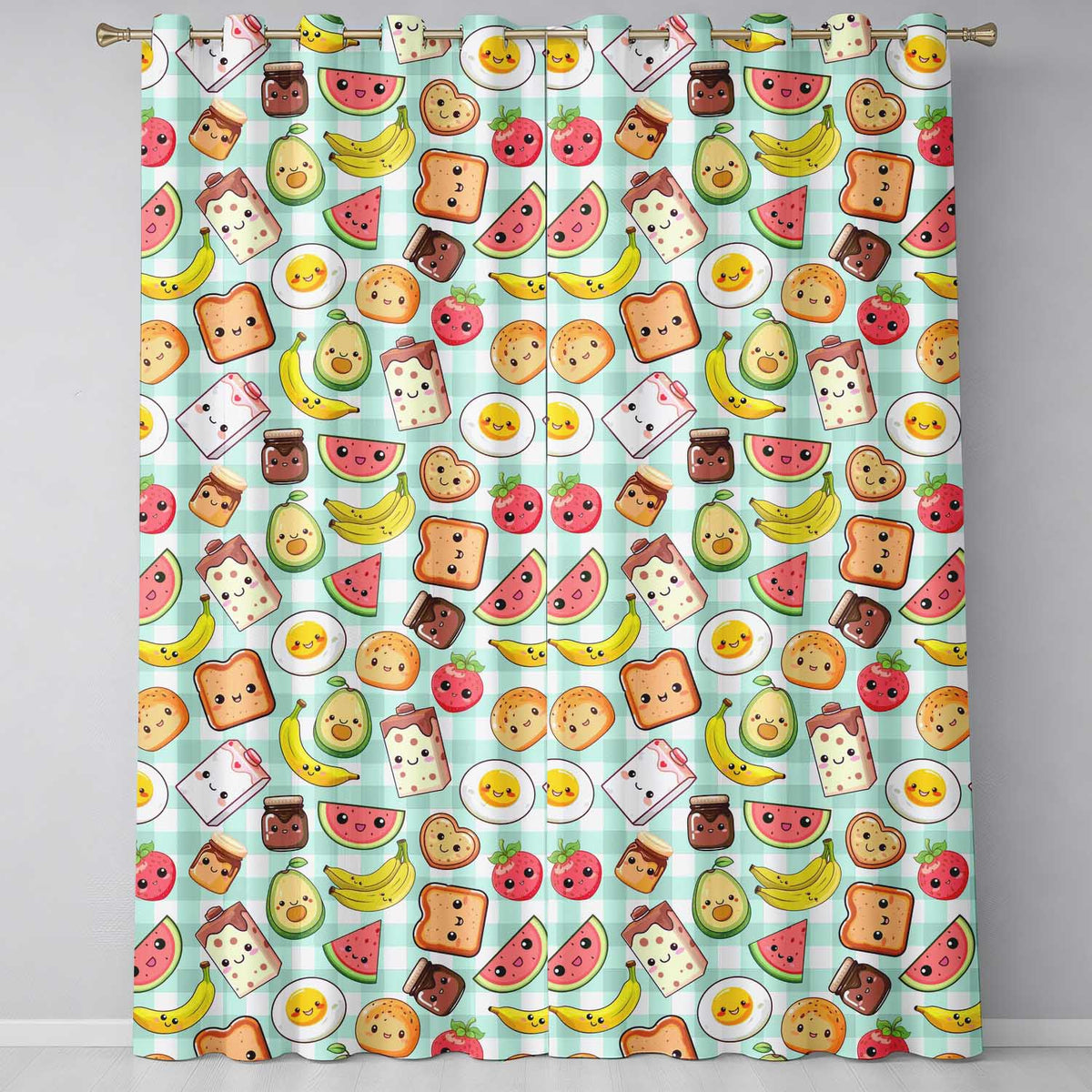 Cute Kawaii Breakfast Food Characters on Mint Check Background Seamless Pattern Readymade Eyelet Ring Top Thermal 100% Blackout Curtains