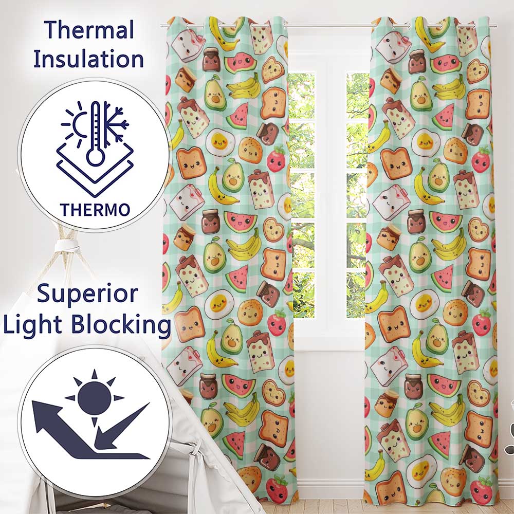 Cute Kawaii Breakfast Food Characters on Mint Check Background Seamless Pattern Readymade Eyelet Ring Top Thermal 100% Blackout Curtains