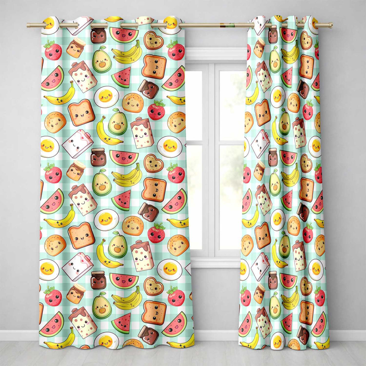 Cute Kawaii Breakfast Food Characters on Mint Check Background Seamless Pattern Readymade Eyelet Ring Top Thermal 100% Blackout Curtains
