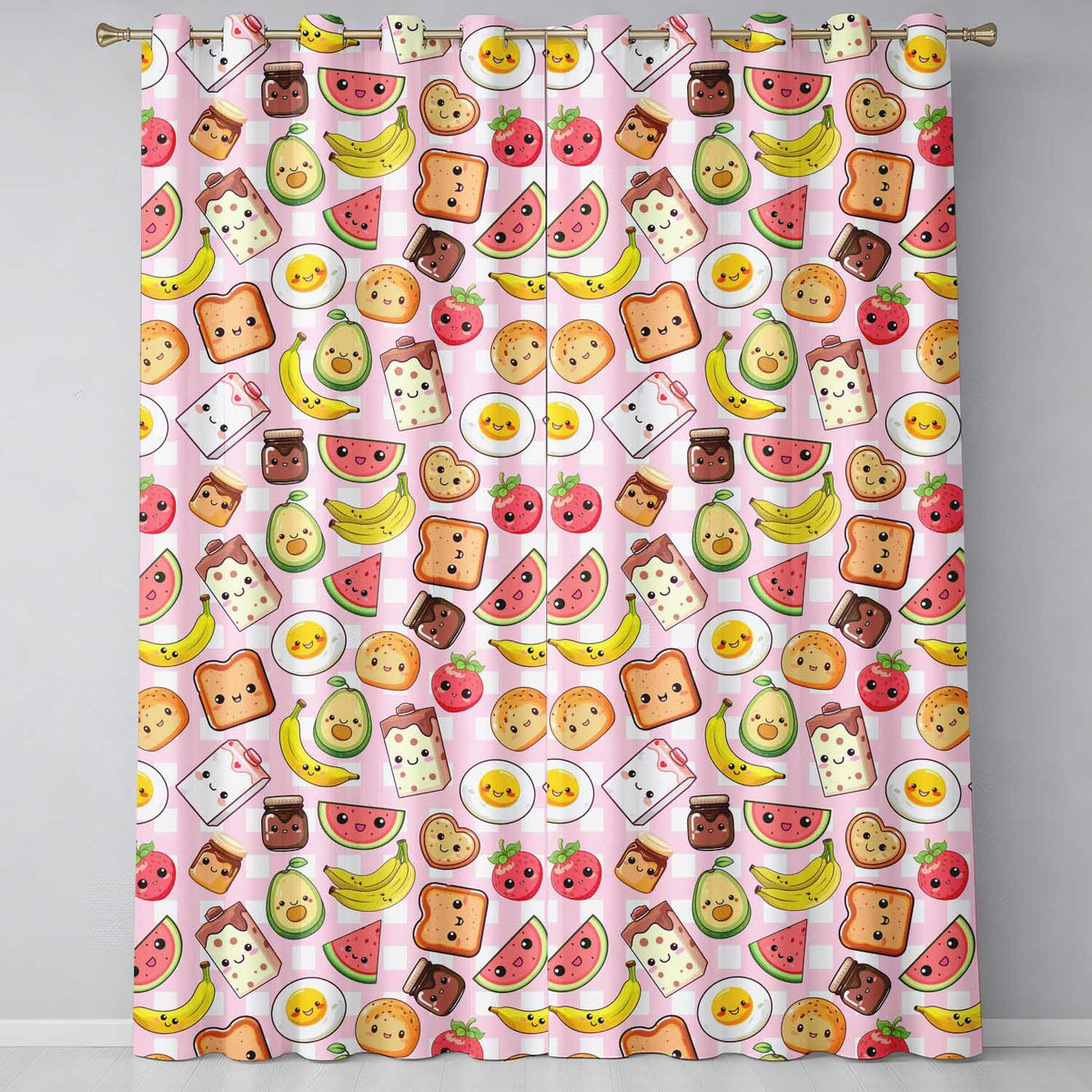 Cute Kawaii Breakfast Food Characters on Pink Check Background Seamless Pattern Readymade Eyelet Ring Top Thermal 100% Blackout Curtains