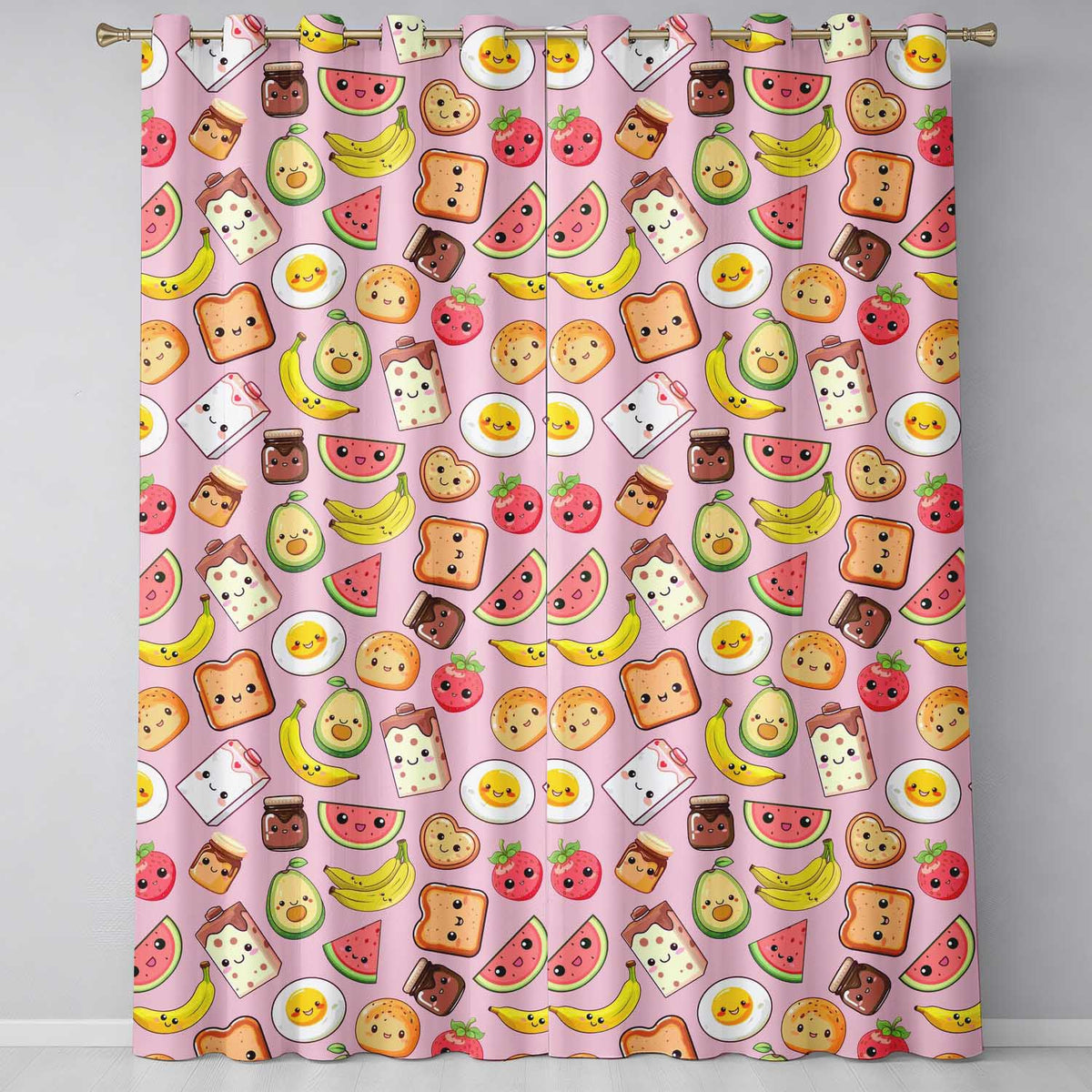 Cute Kawaii Breakfast Food Characters on Soft Pink Background Seamless Pattern Readymade Eyelet Ring Top Thermal 100% Blackout Curtains