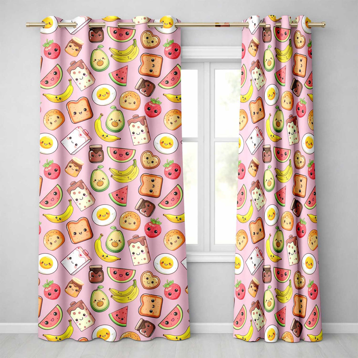 Cute Kawaii Breakfast Food Characters on Soft Pink Background Seamless Pattern Readymade Eyelet Ring Top Thermal 100% Blackout Curtains