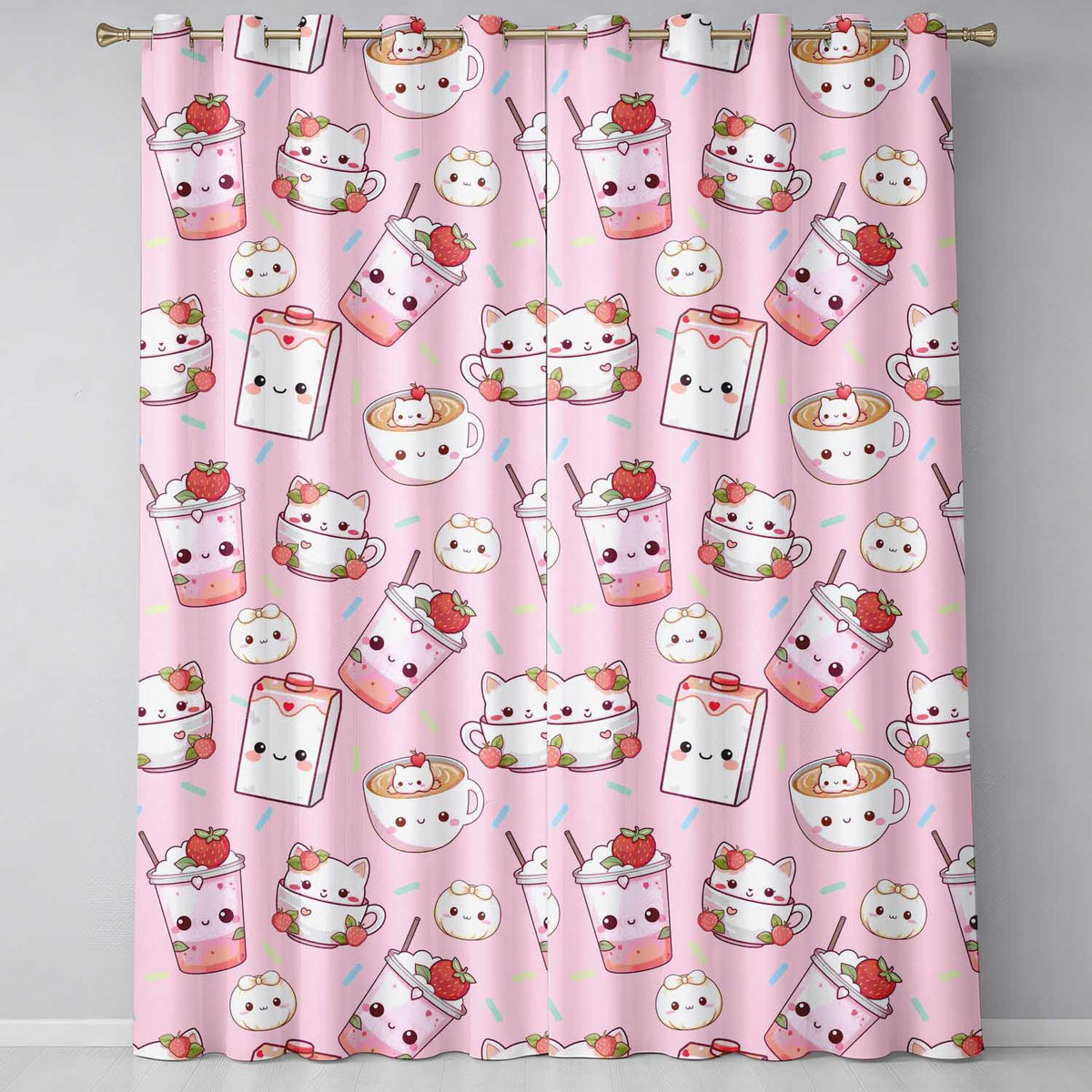 Kawaii Strawberry Drinks and Cat Cups on Light Pink Seamless Pattern Readymade Eyelet Ring Top Thermal 100% Blackout Curtains