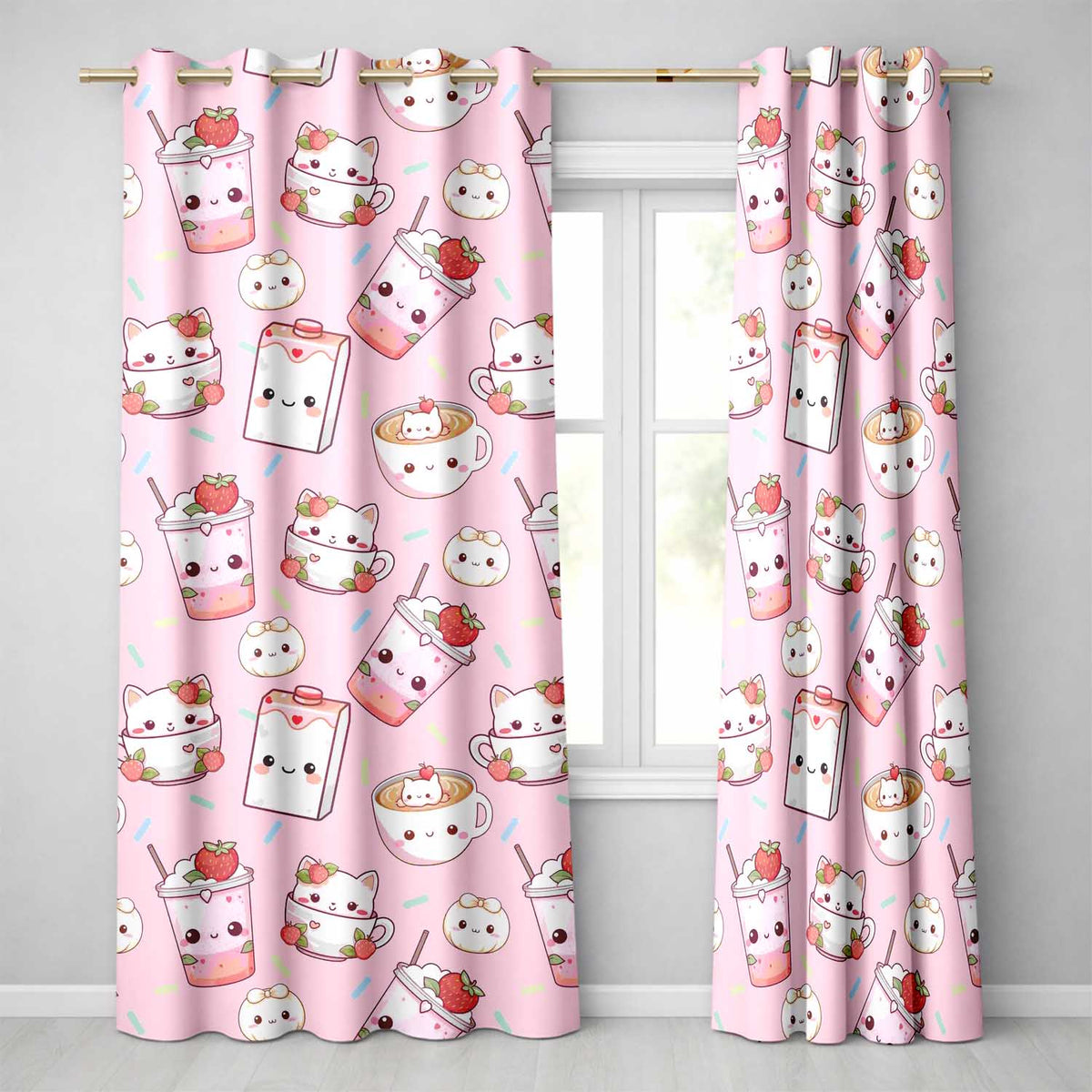 Kawaii Strawberry Drinks and Cat Cups on Light Pink Seamless Pattern Readymade Eyelet Ring Top Thermal 100% Blackout Curtains