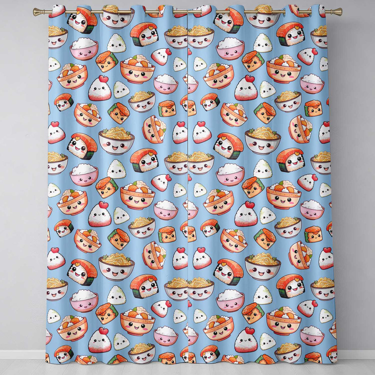 Cute Kawaii Sushi Rice Bowls and Noodles on Blue Background Seamless Pattern Readymade Eyelet Ring Top Thermal 100% Blackout Curtains