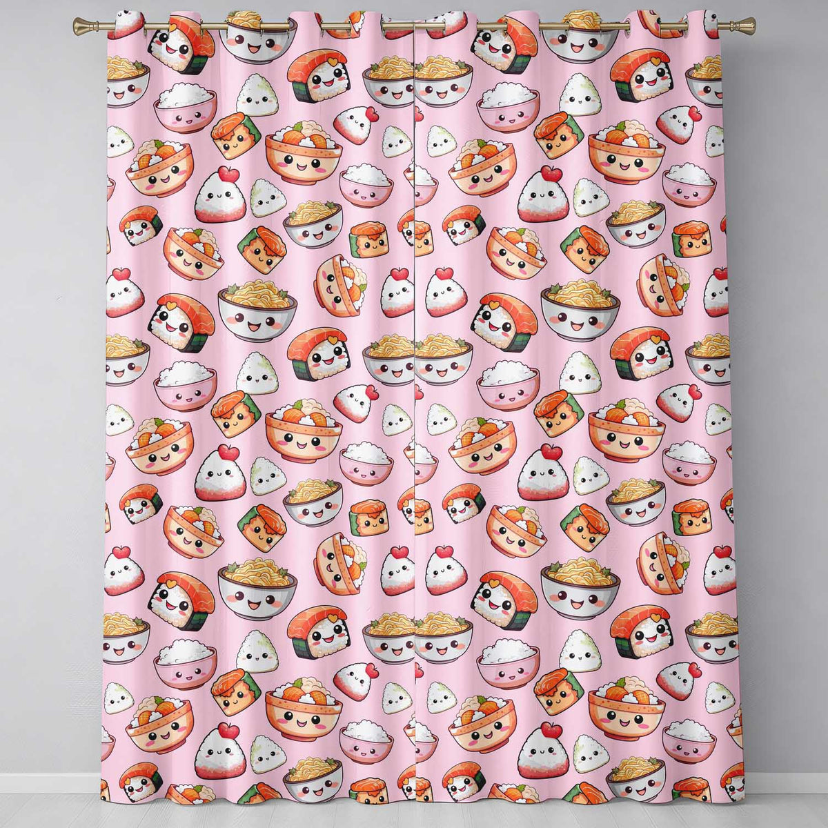 Kawaii Sushi Rice Bowls and Noodles on Light Pink Seamless Pattern Readymade Eyelet Ring Top Thermal 100% Blackout Curtains