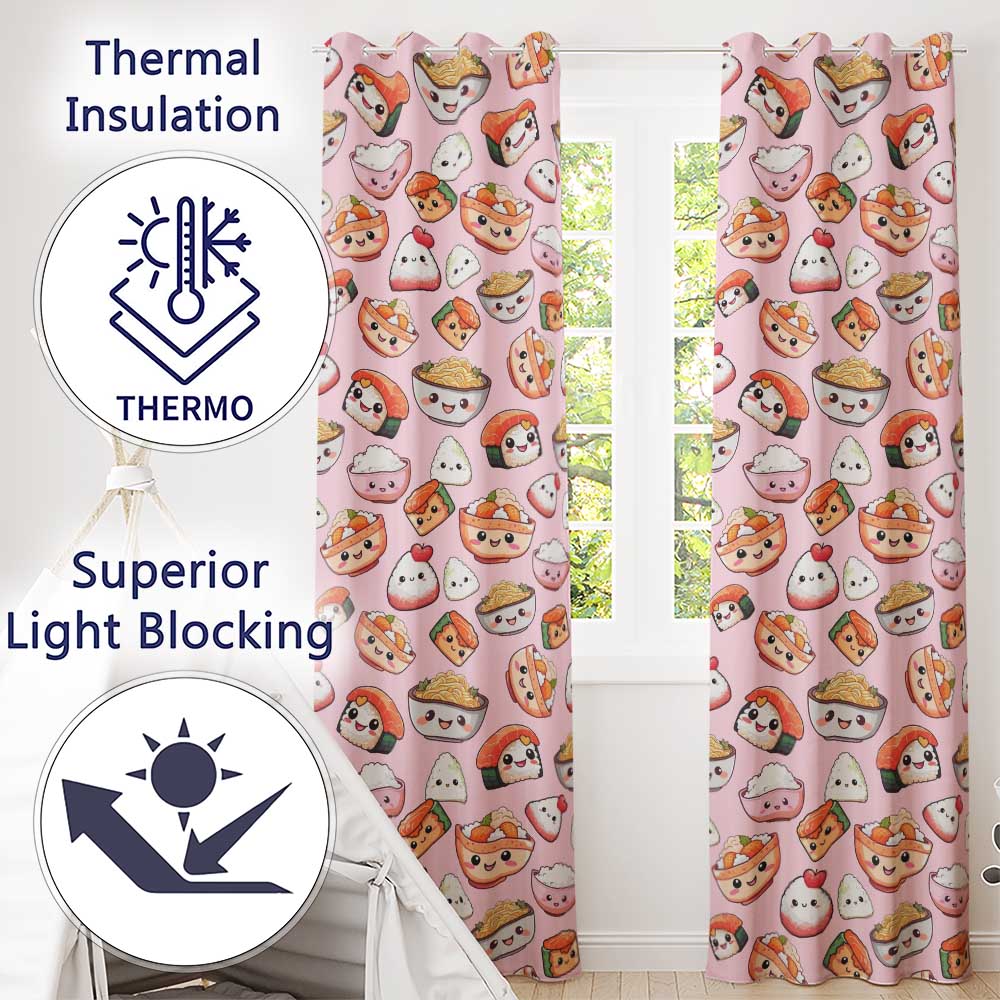 Kawaii Sushi Rice Bowls and Noodles on Light Pink Seamless Pattern Readymade Eyelet Ring Top Thermal 100% Blackout Curtains